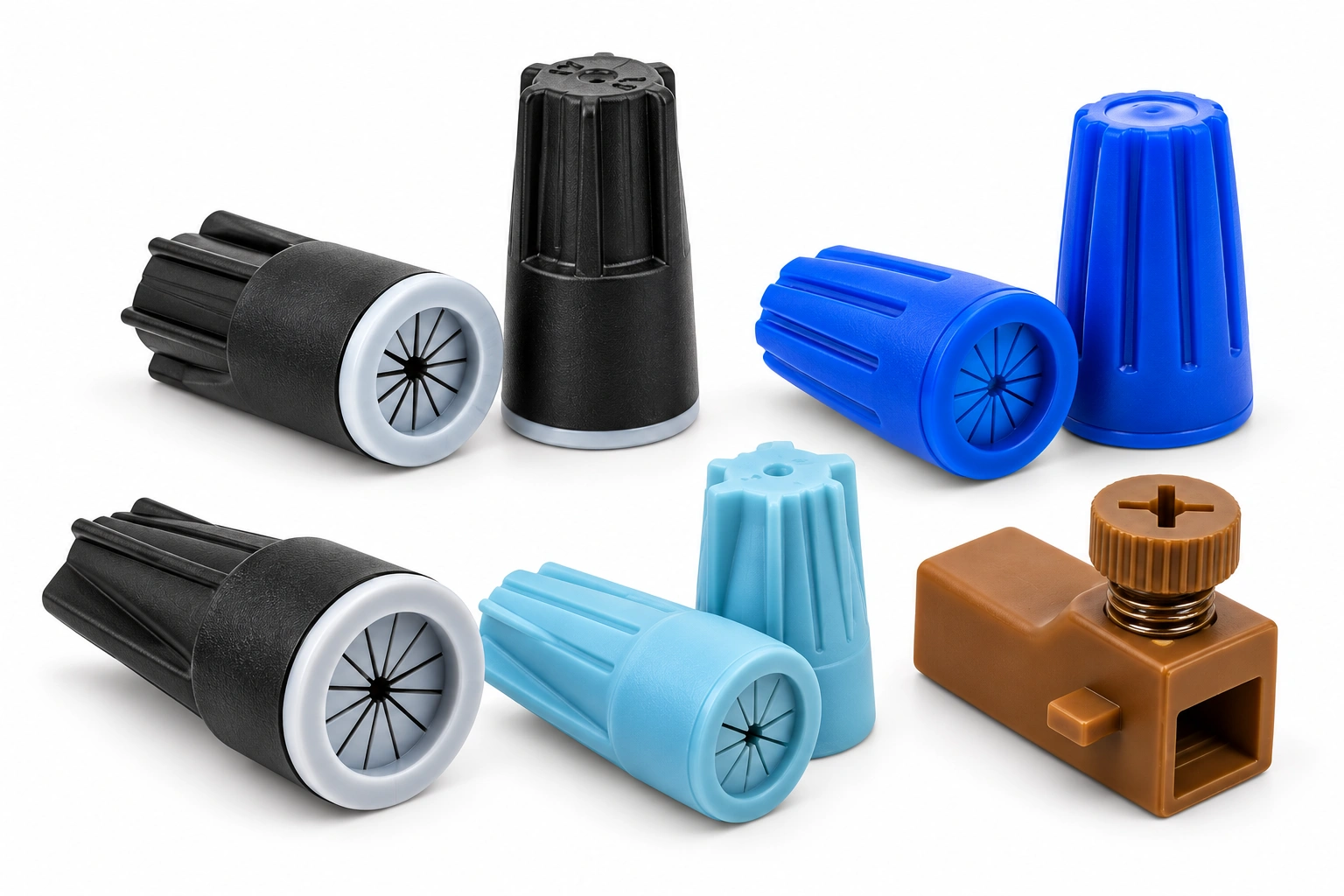 Waterproof wire nut collection with black, blue and light blue sealed caps and a brown screw connector