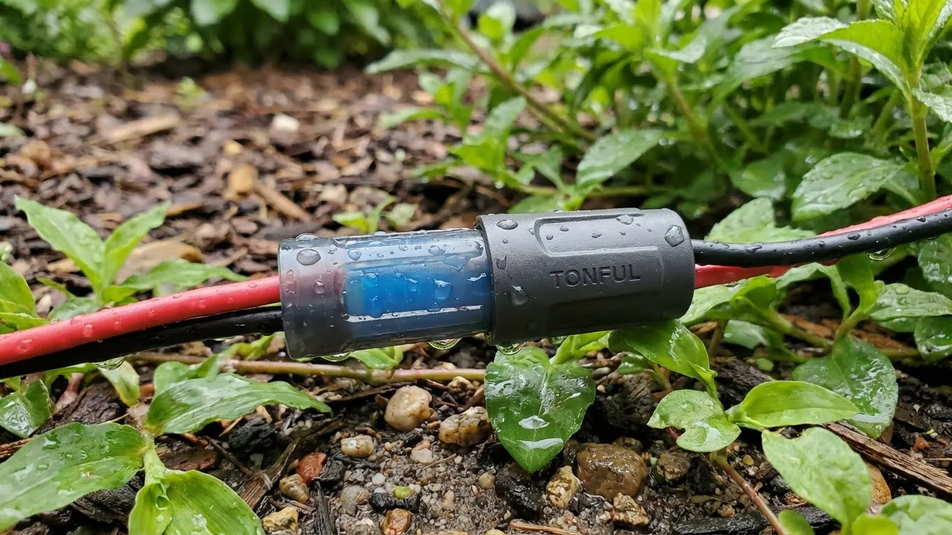 A-TONFUL-waterproof-wire-nut-securely-connecting-wires-for-outdoor-landscape-lighting-in-a-wet-garden-environment
