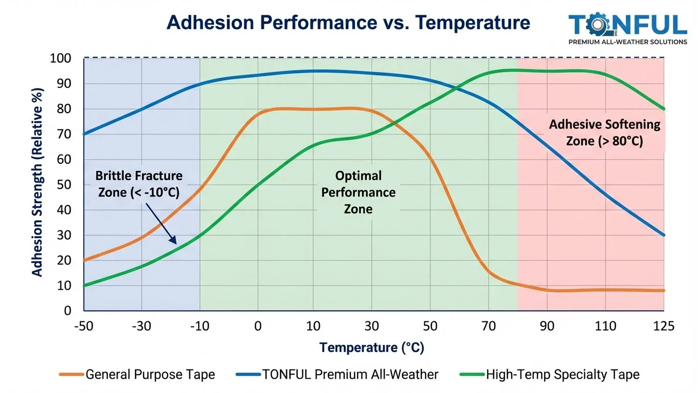 A comparison graph showing the superior adhesion performance of TONFUL premium electrical tape across a wider temperature range compared to general-purpose tapes.