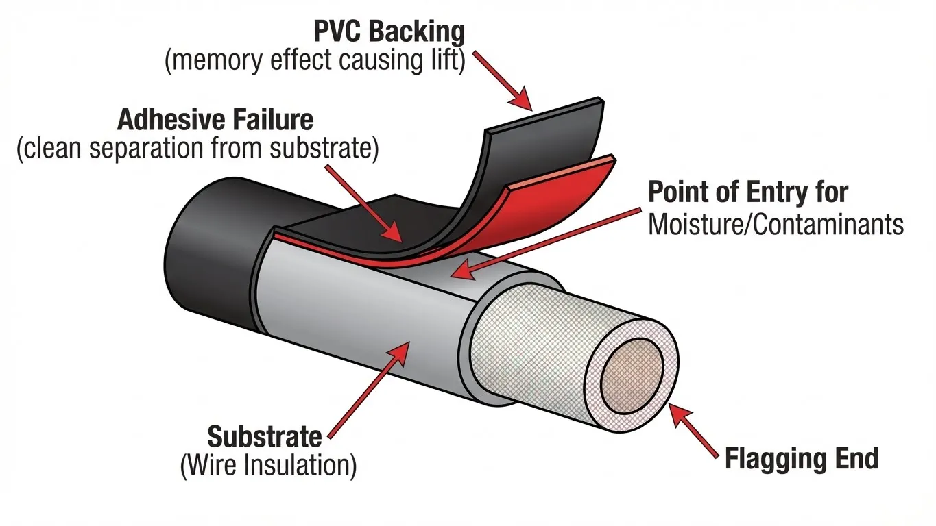 A-technical-cutaway-diagram-illustrating-how-electrical-tape-flagging-occurs-showing-the-PVC-backing-lifting-away-from-the-wire-surface-and-creating-a-gap