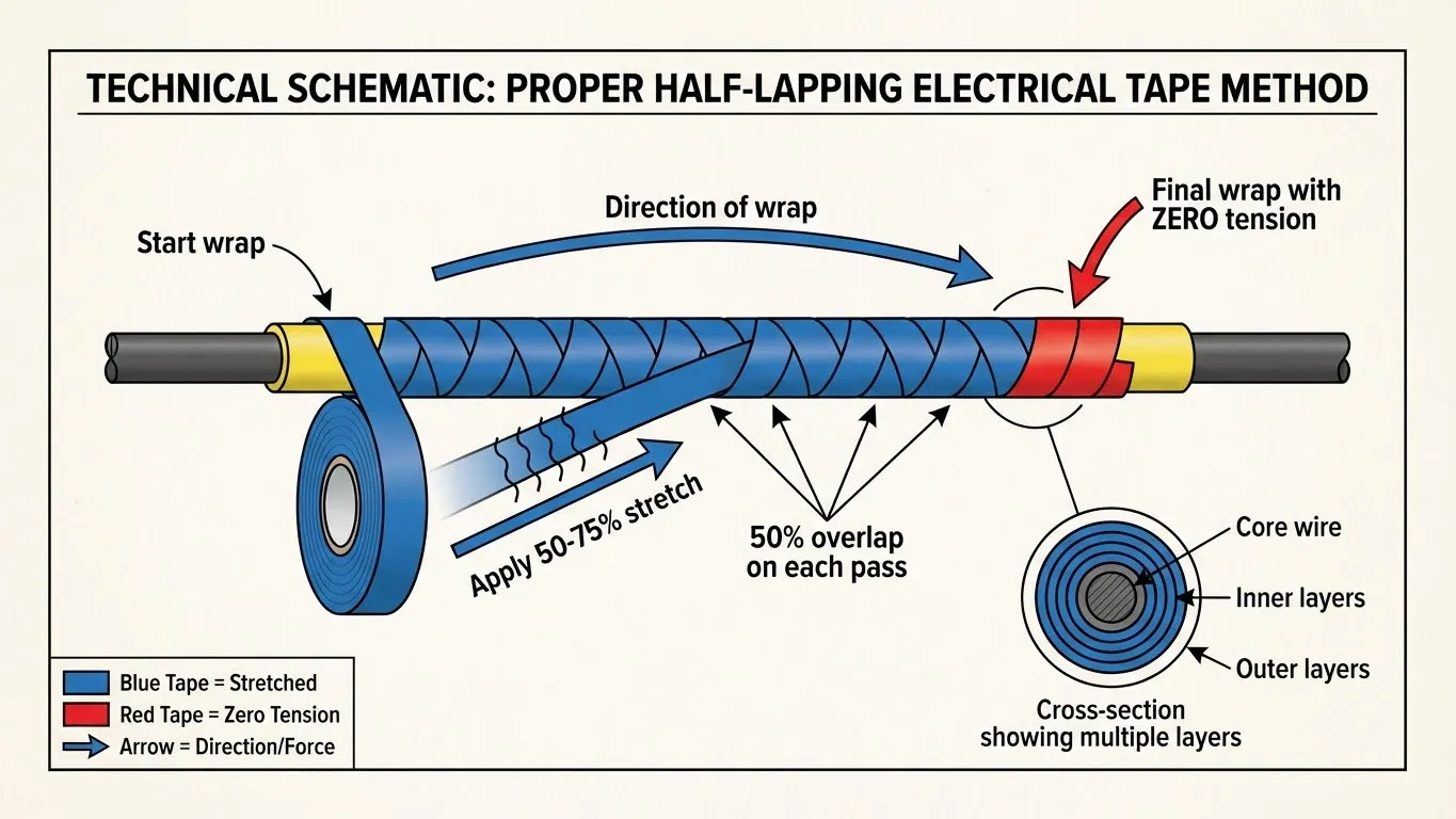 A technical drawing demonstrating the proper half-lap method for applying electrical tape, with annotations for stretch, overlap, and the zero-tension final wrap.