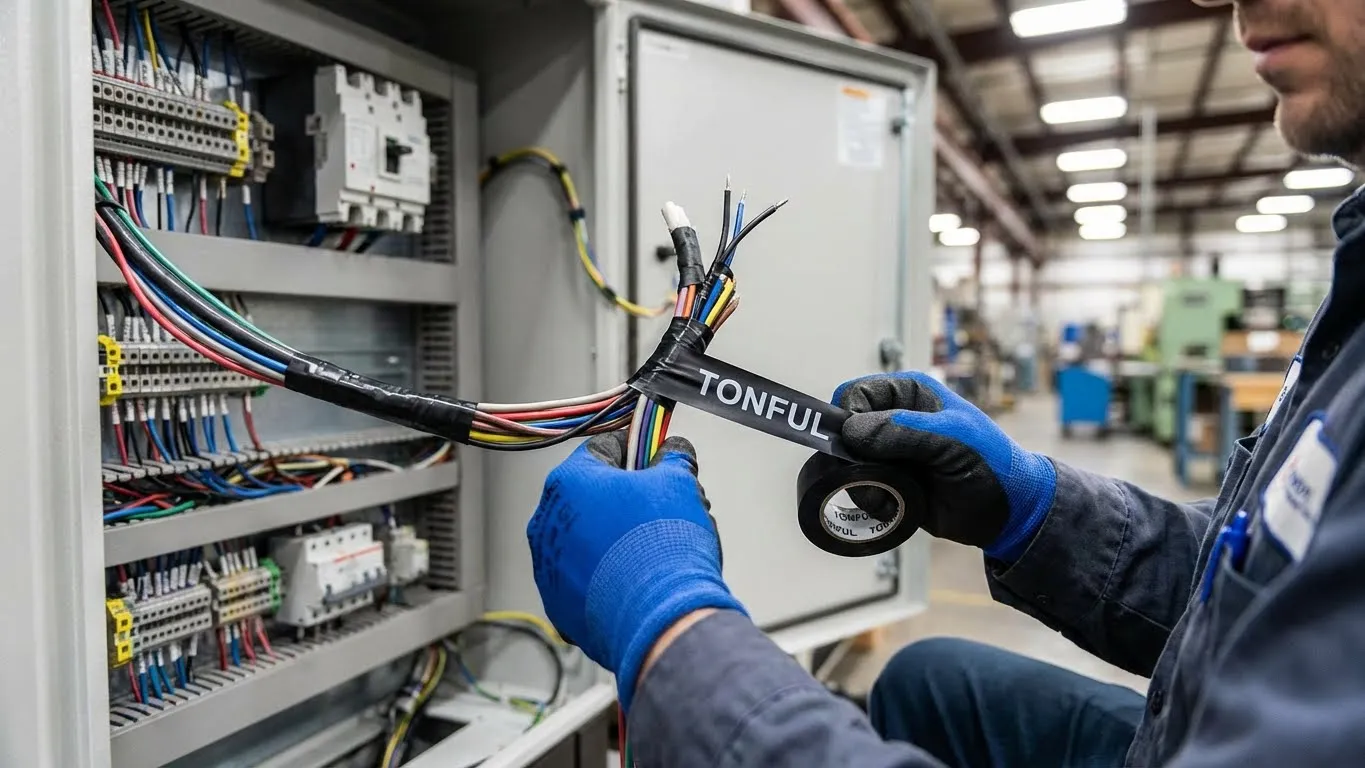 An-electrician-wearing-safety-gloves-carefully-wrapping-a-wire-splice-with-black-TONFUL-electrical-tape-inside-an-industrial-control-cabinet