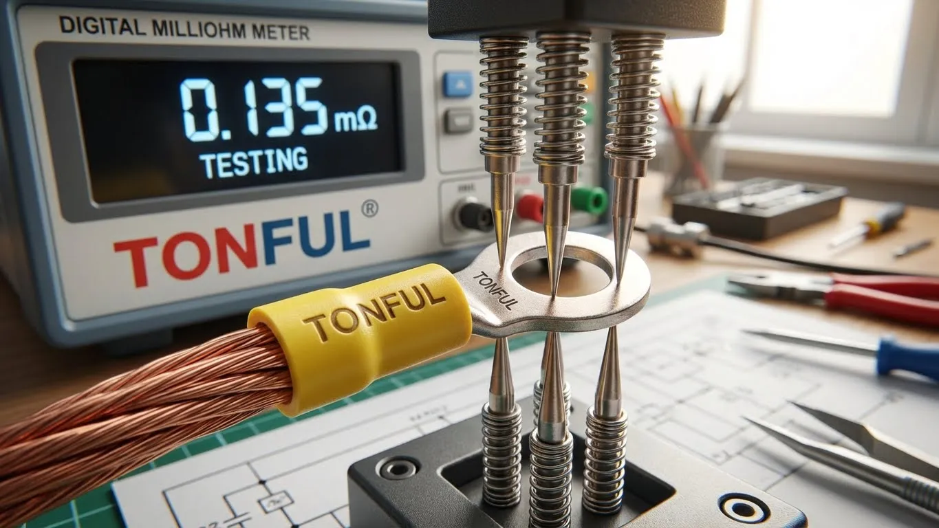 Close-up-macro-photography-of-a-TONFUL-crimp-terminal-under-electrical-resistance-testing