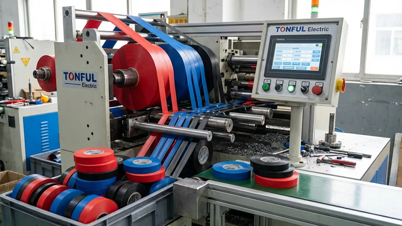 Close-up-photorealistic-image-of-TONFUL-Electrics-precision-slitting-machinery-cutting-electrical-tape-rolls-to-custom-widths