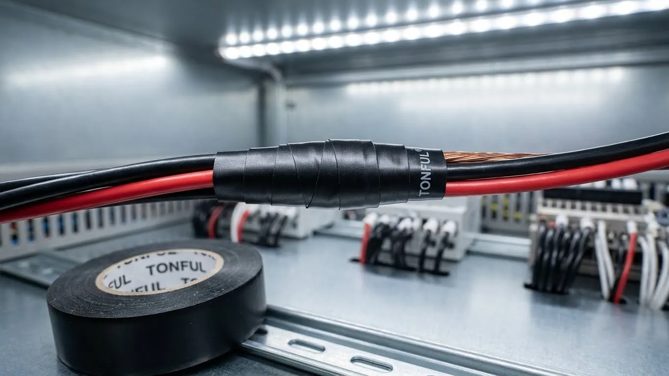 A close-up of a perfectly wrapped electrical wire splice using TONFUL tape, demonstrating the half-lap technique and a secure, flag-free finish