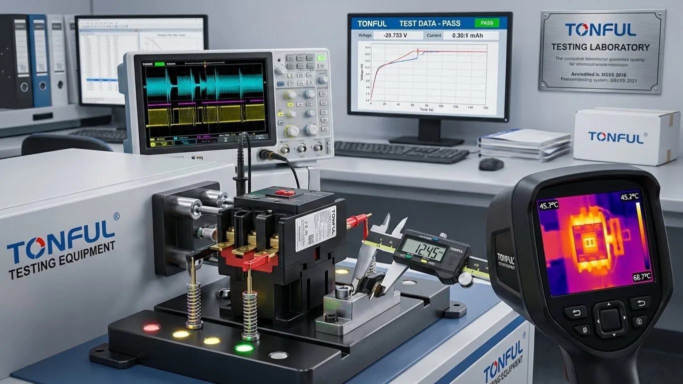 Precision quality testing of TONFUL OEM electrical components in certified testing laboratory with advanced measurement equipment