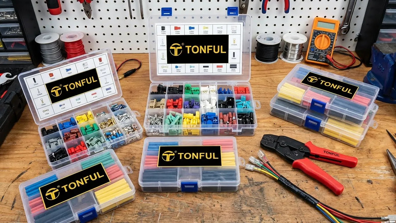 Professional-automotive-electrical-connector-kits-organized-on-mechanic-workbench-with-TONFUL-branding-for-reliable-wire-connections