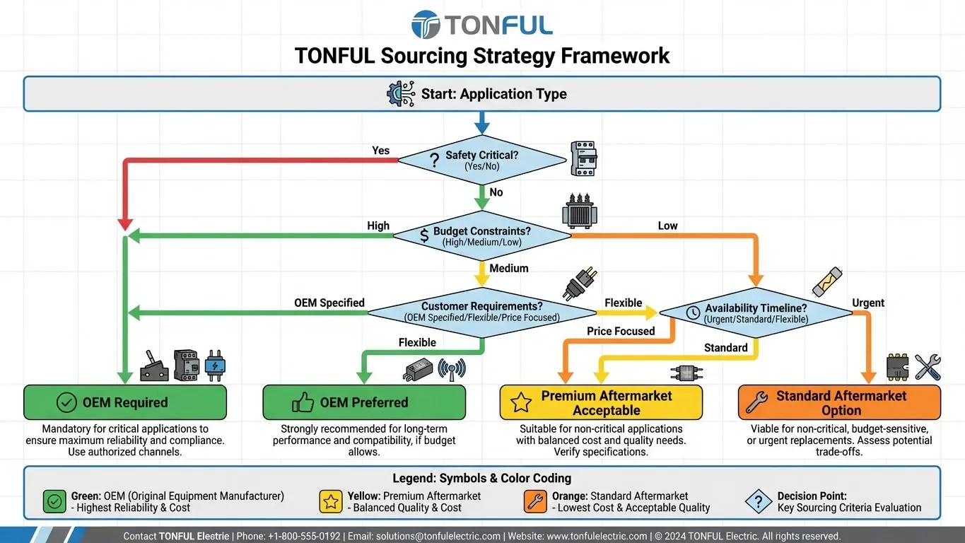 Strategic decision tree flowchart for electrical distributors selecting OEM vs aftermarket components by TONFUL Electric