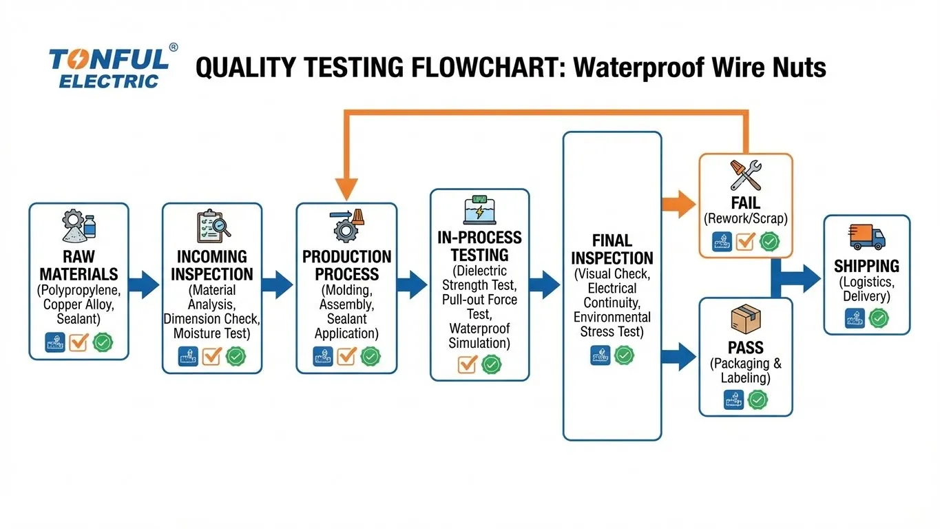TONFUL-Electrics-comprehensive-quality-testing-flowchart-showing-the-multi-stage-inspection-and-validation-process-for-waterproof-wire-nuts-from-raw-materials-to-shipping