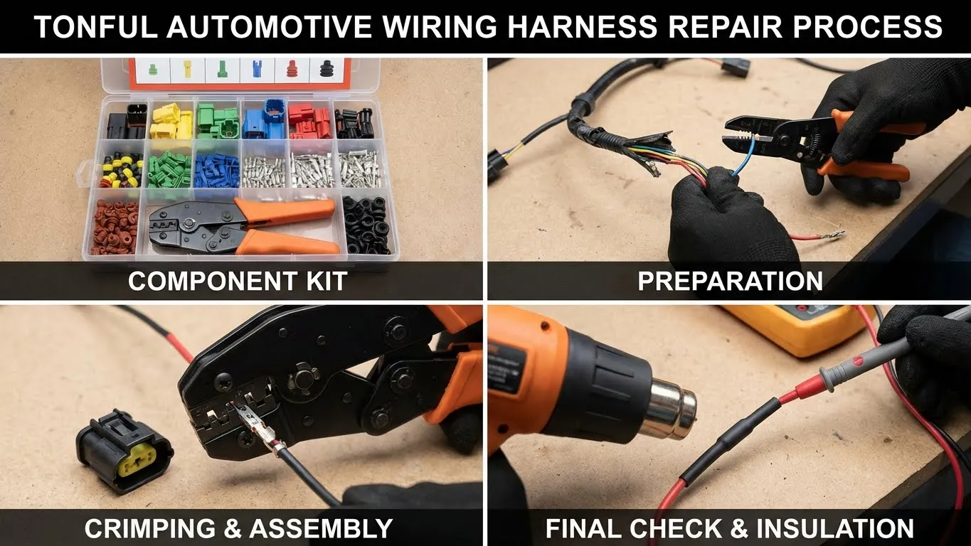 TONFUL-automotive-wiring-harness-repair-process-showing-electrical-connector-kit-components-and-professional-repair-technique