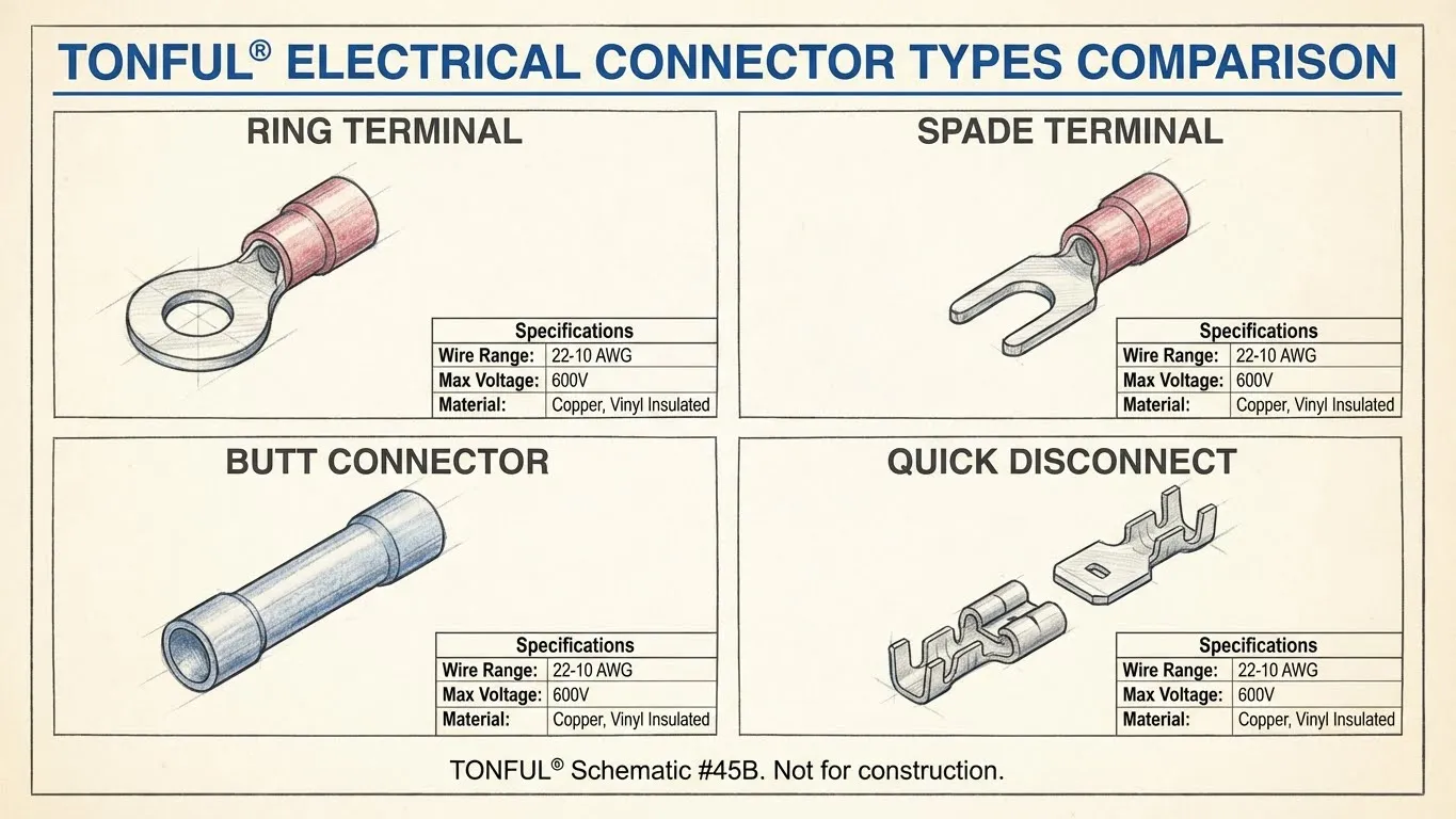 TONFUL-electrical-connector-types-comparison-schematic-showing-ring-spade-butt-and-quick-disconnect-terminals-with-specifications