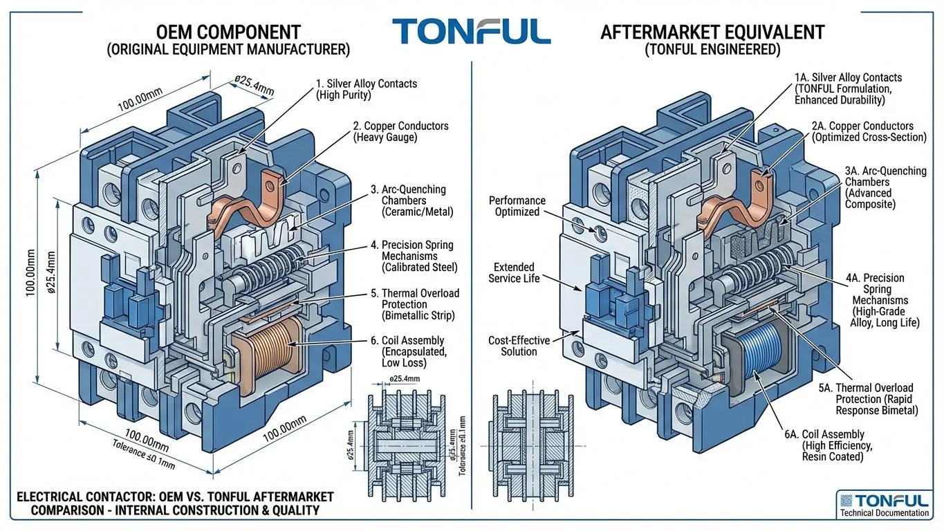 Technical cutaway diagram comparing OEM vs aftermarket electrical contactor internal components and construction quality from TONFUL