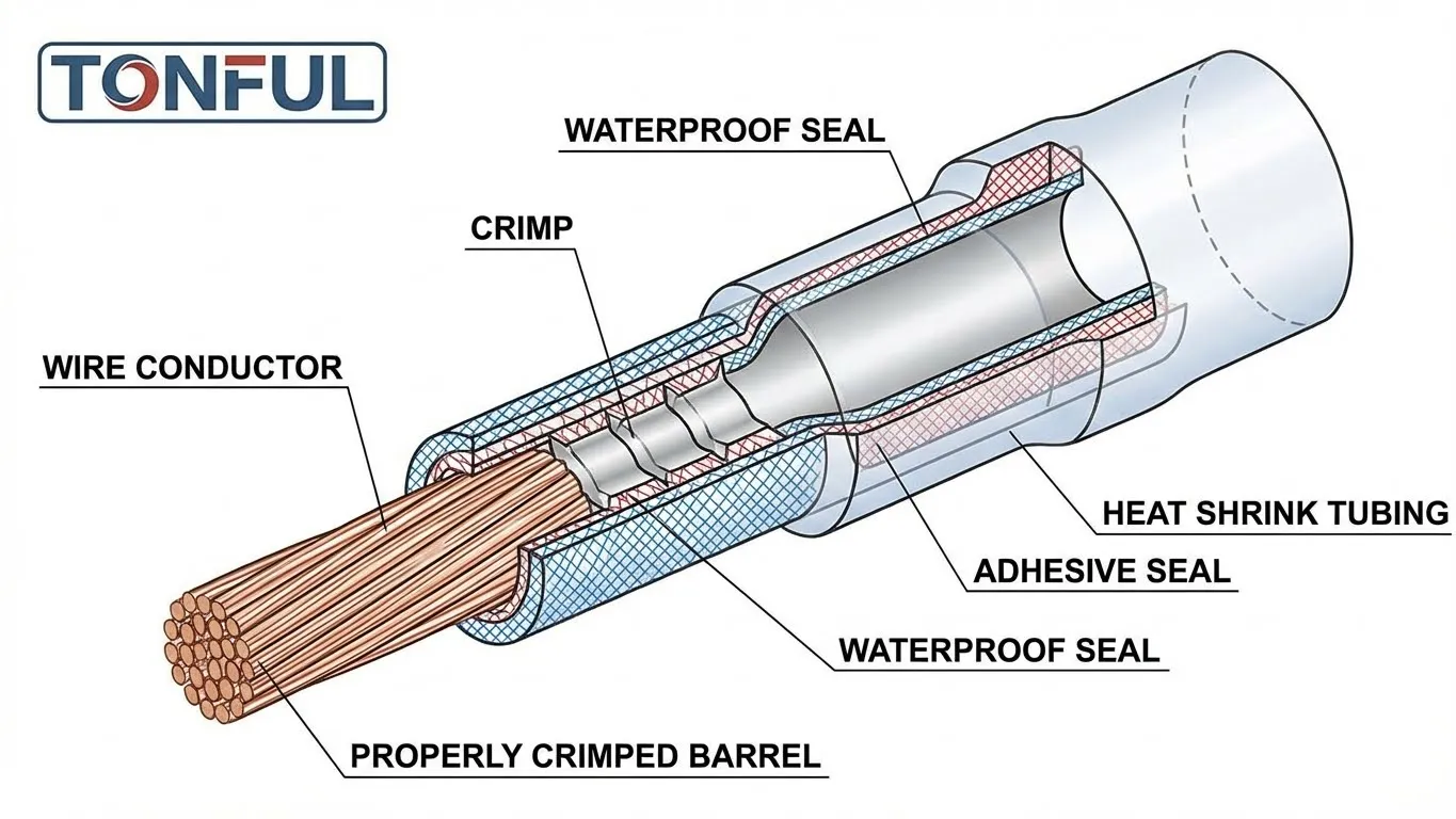 Technical-cutaway-diagram-of-TONFUL-heat-shrink-terminal-showing-proper-crimp-connection-and-waterproof-seal-construction