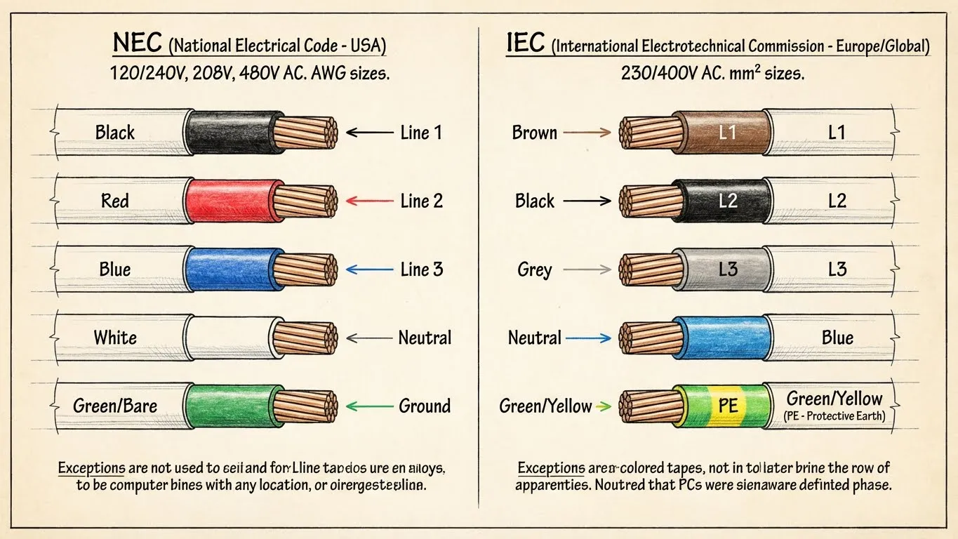 Technical-schematic-diagram-comparing-NEC-and-IEC-wire-color-coding-standards-showing-wire-cross-sections-wrapped-with-different-colored-electrical-tape