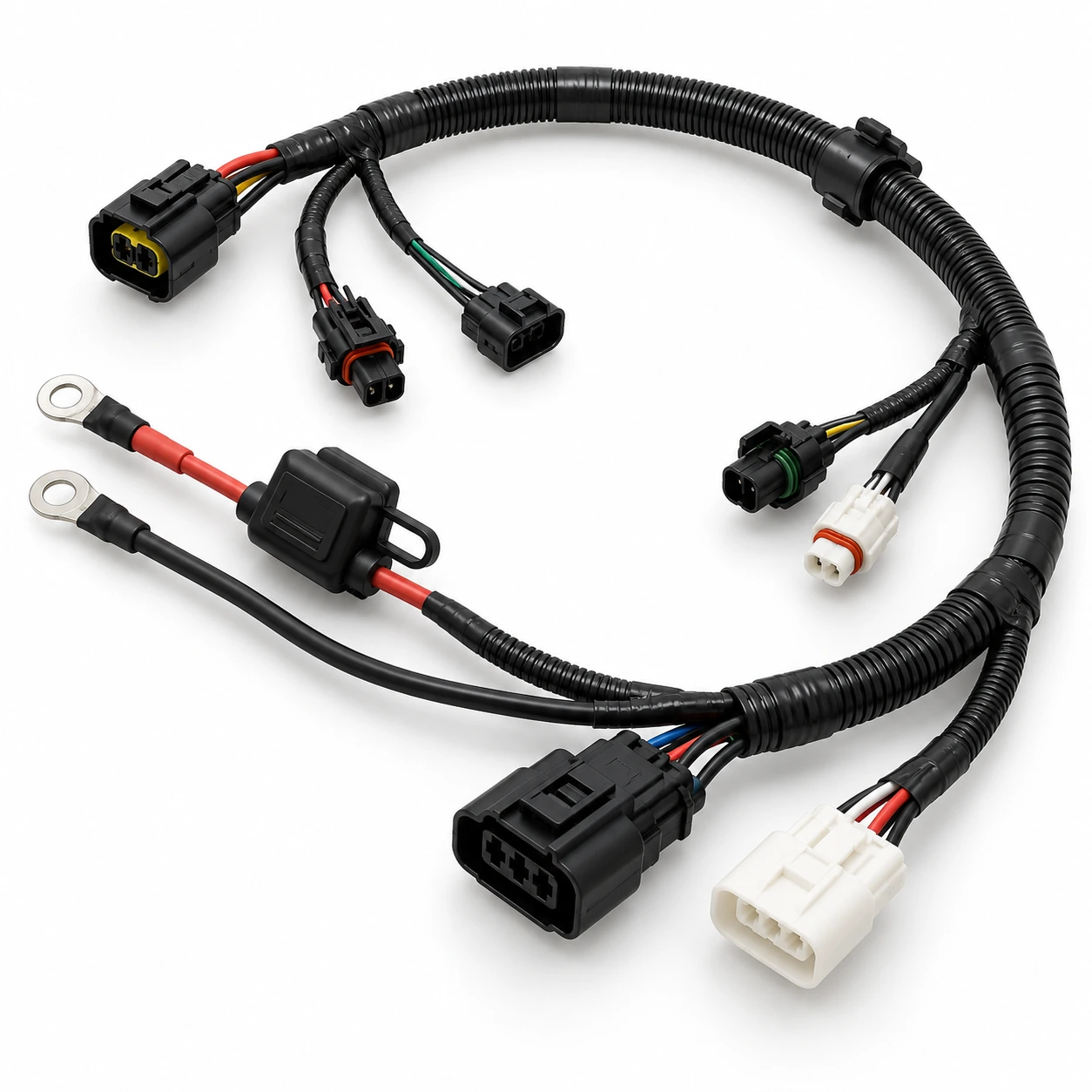 Illustrative motorcycle wiring harness custom cable assembly