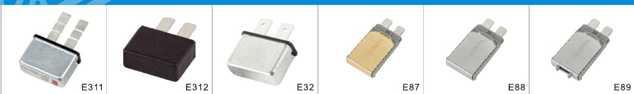 UCB FCB CBB and ATC footprint automotive blade circuit breaker models E311 E312 E32 E87 E88 and E89