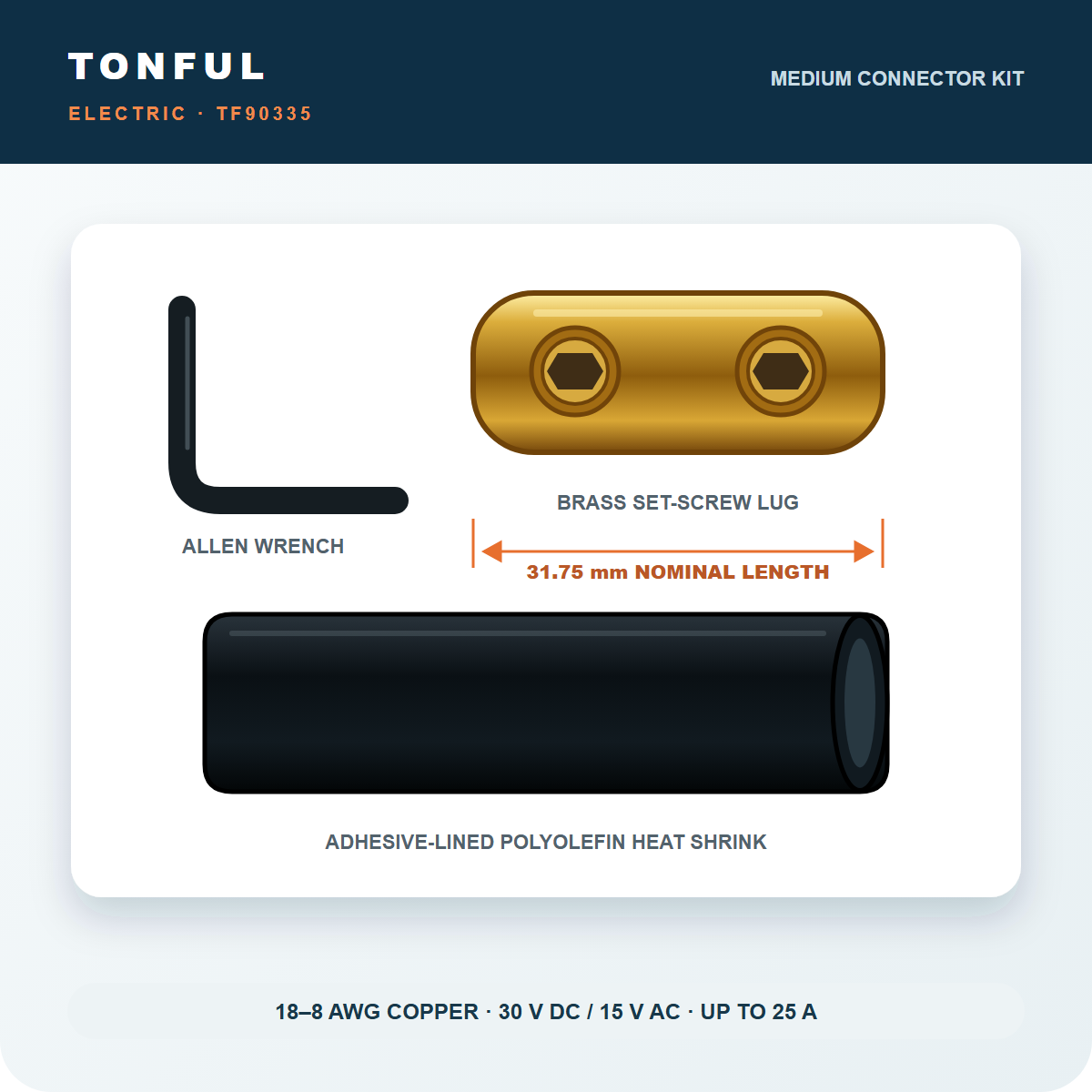 TF90335 medium heat-shrink wire connector kit with brass set-screw lug, adhesive-lined polyolefin sleeve and Allen wrench