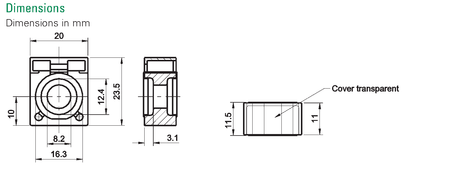 ADCF fuse dimensions from the supplied drawing: 20mm width, 23.5mm length, 11.5mm height and 8.2mm mounting bore