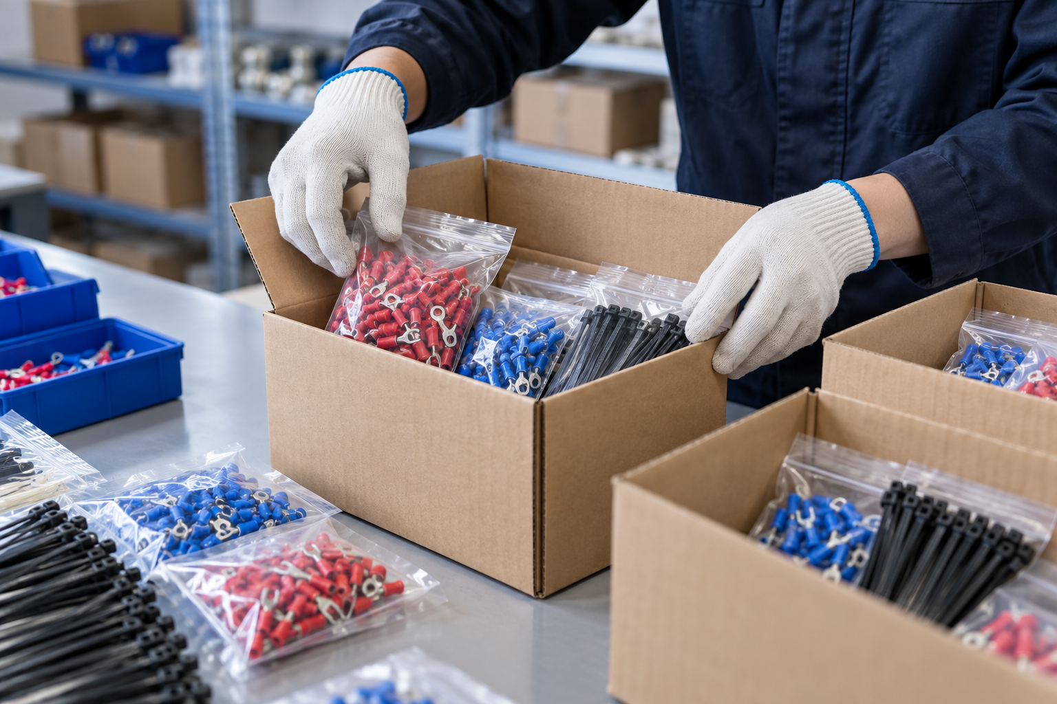 Illustration of electrical accessory orders being organized and packed