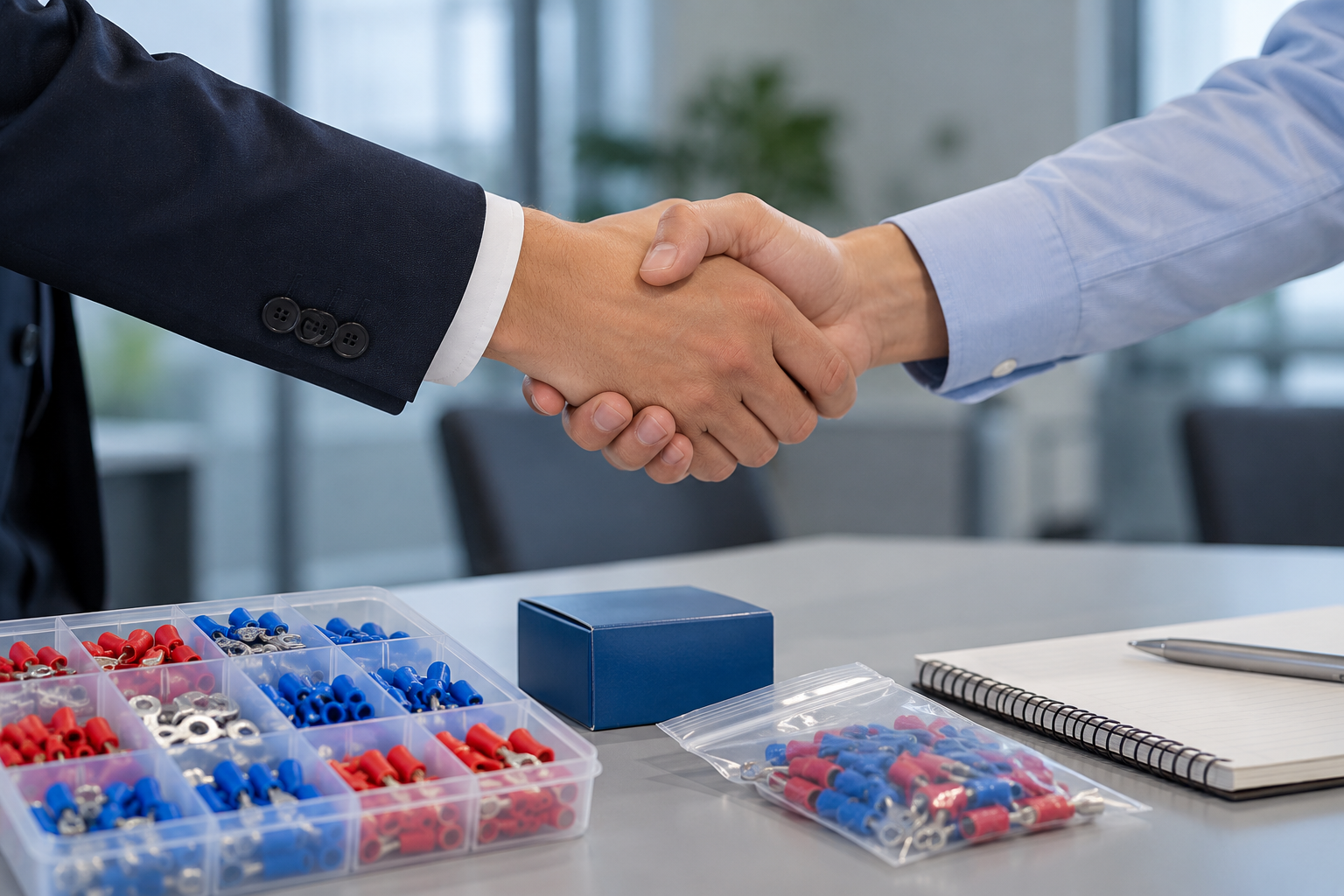 Illustration of a business handshake beside electrical product samples