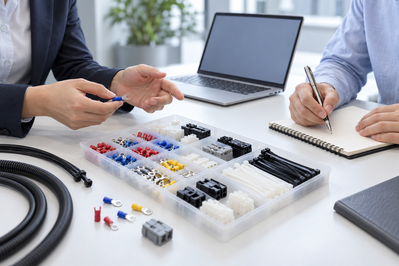 Illustration of buyers discussing electrical component samples and requirements