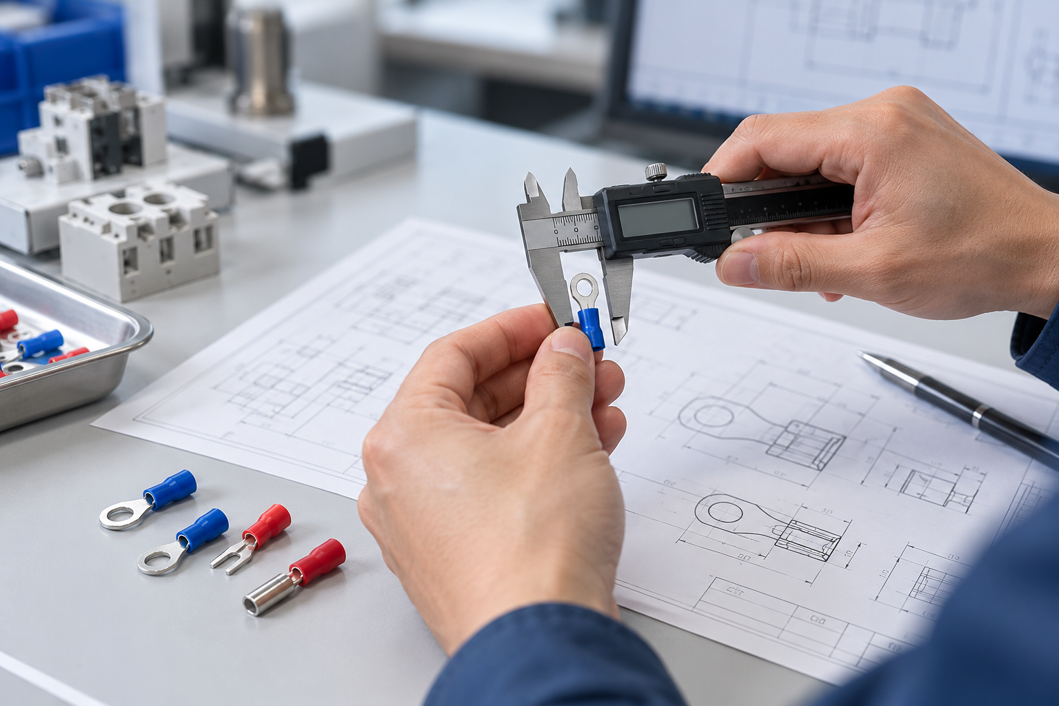 Illustration of an engineer checking an electrical terminal against a dimensional drawing