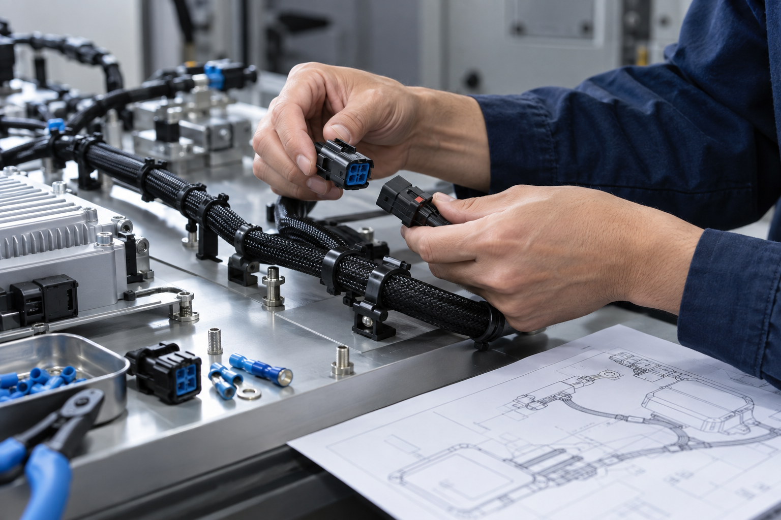 Illustration of a technician reviewing a connector and wiring harness application