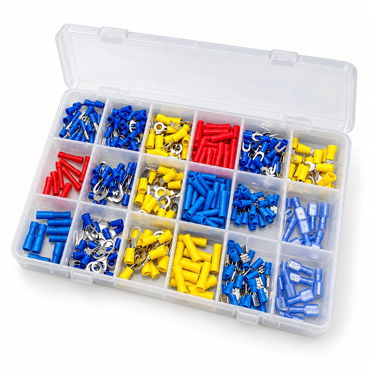 Color-coded terminal assortment in a divided case — illustrative image