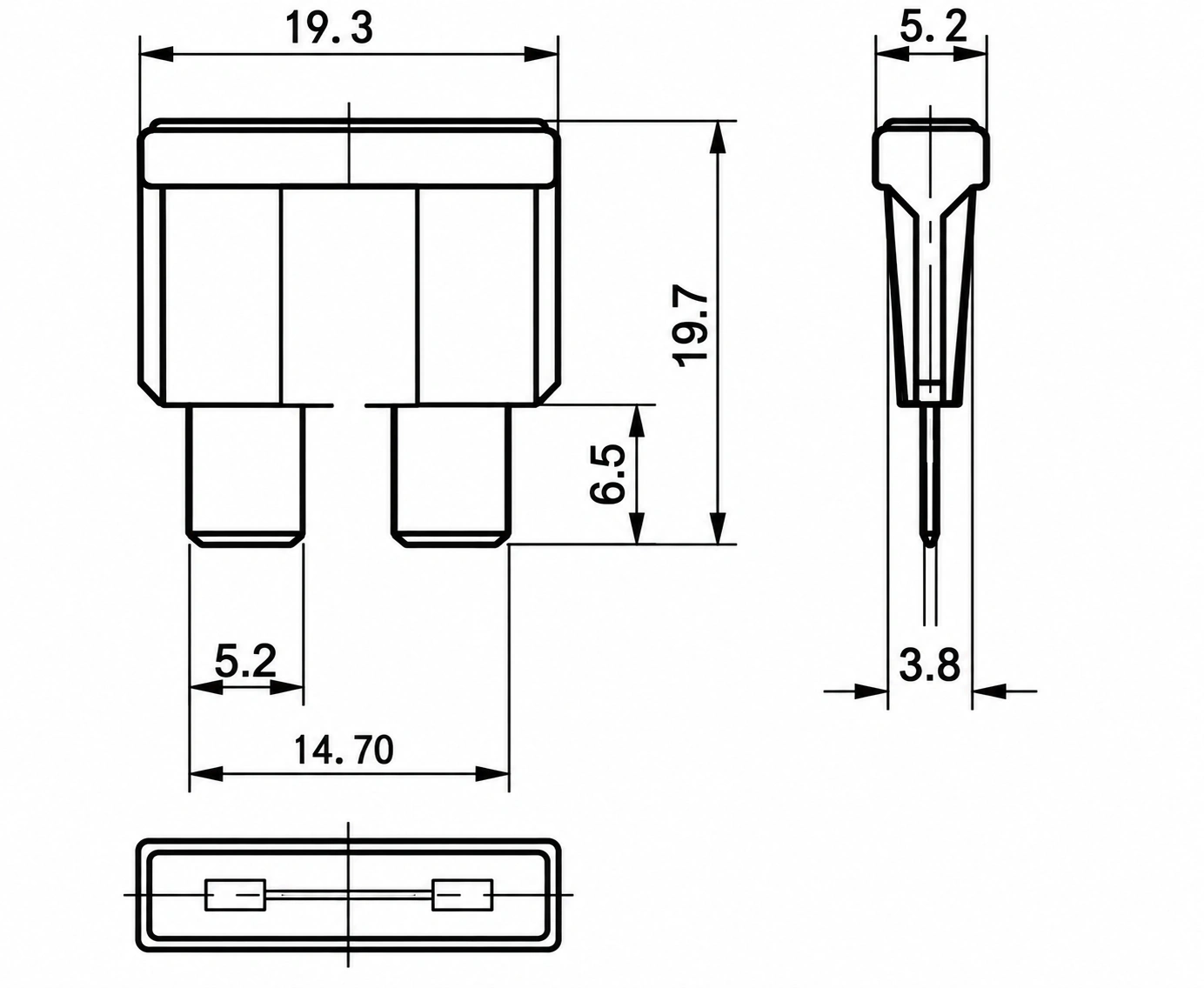ATO blade fuse dimension drawing: 19.3, 19.7, 6.5, 5.2, 14.70, 5.2 and 3.8 mm