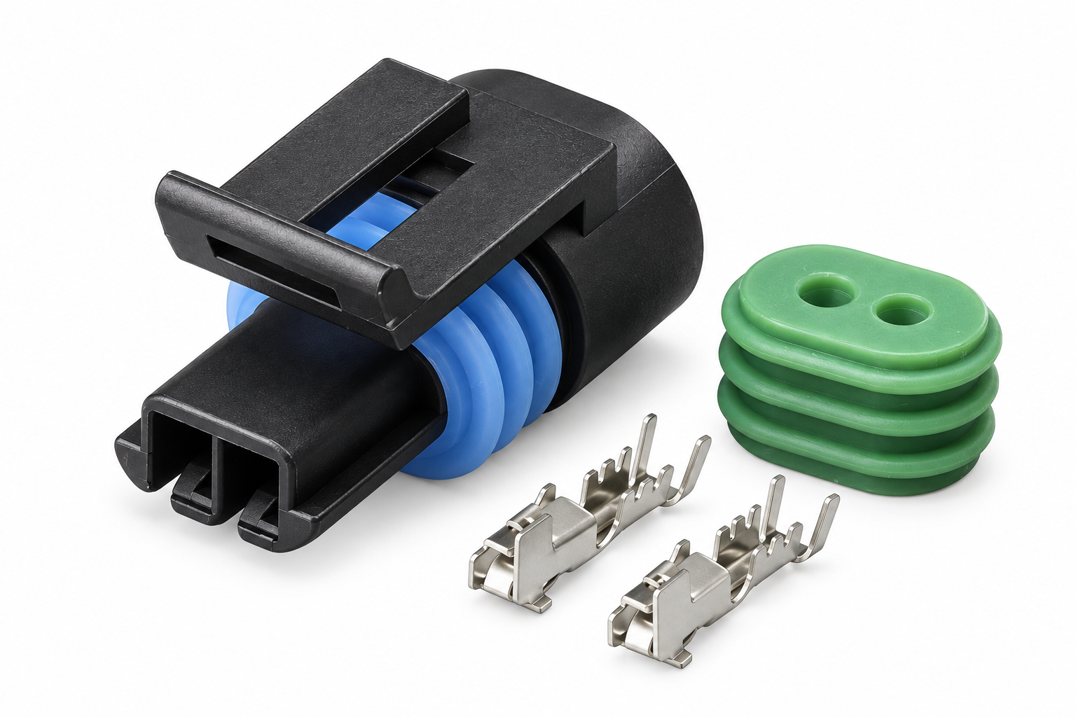 Illustrative Delphi Metri-Pack 150.2 Series automotive connector housing and component arrangement based on the original product image