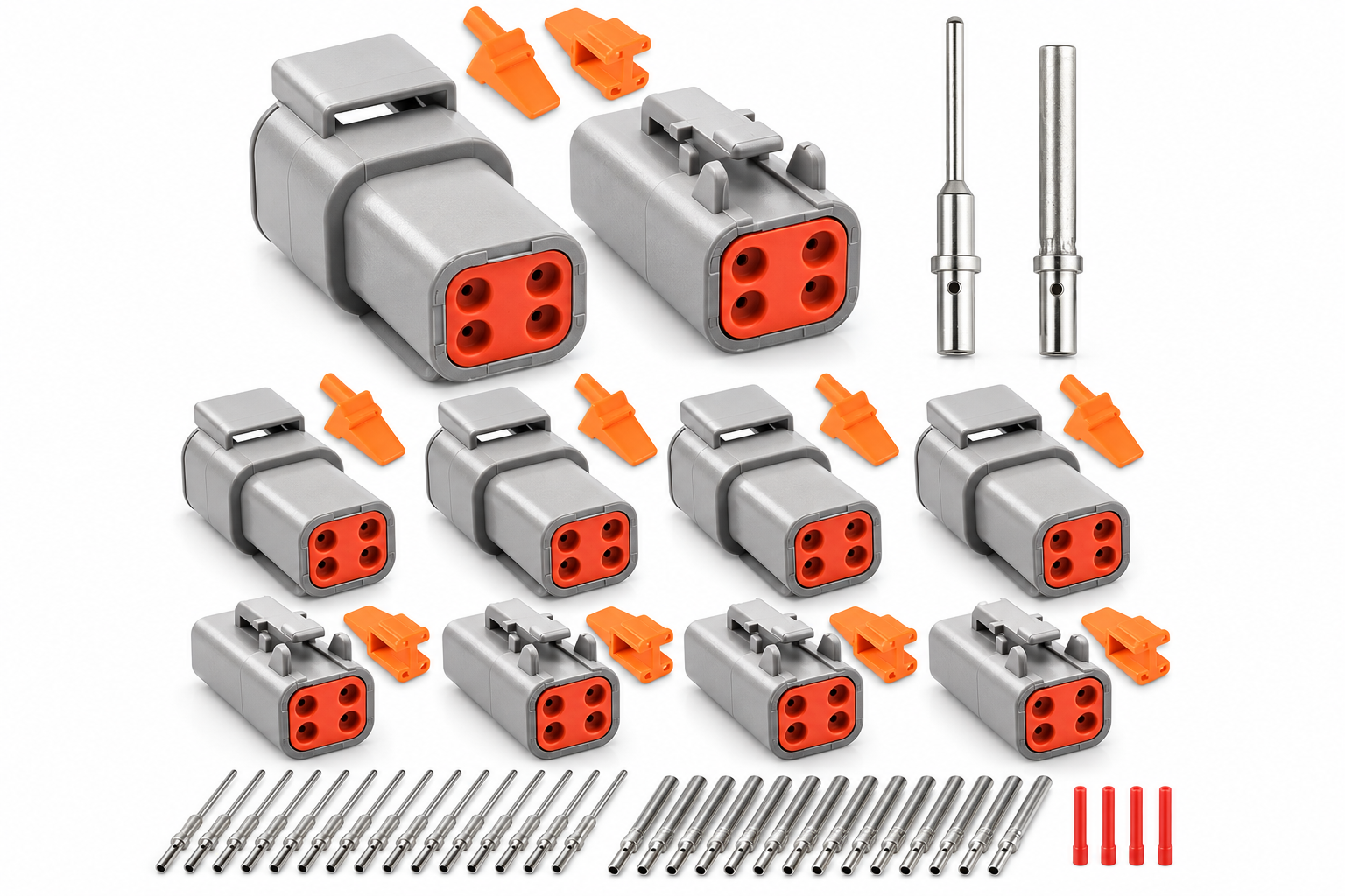 Illustrative Deutsch DTM Series automotive connector housing and component arrangement based on the original product image