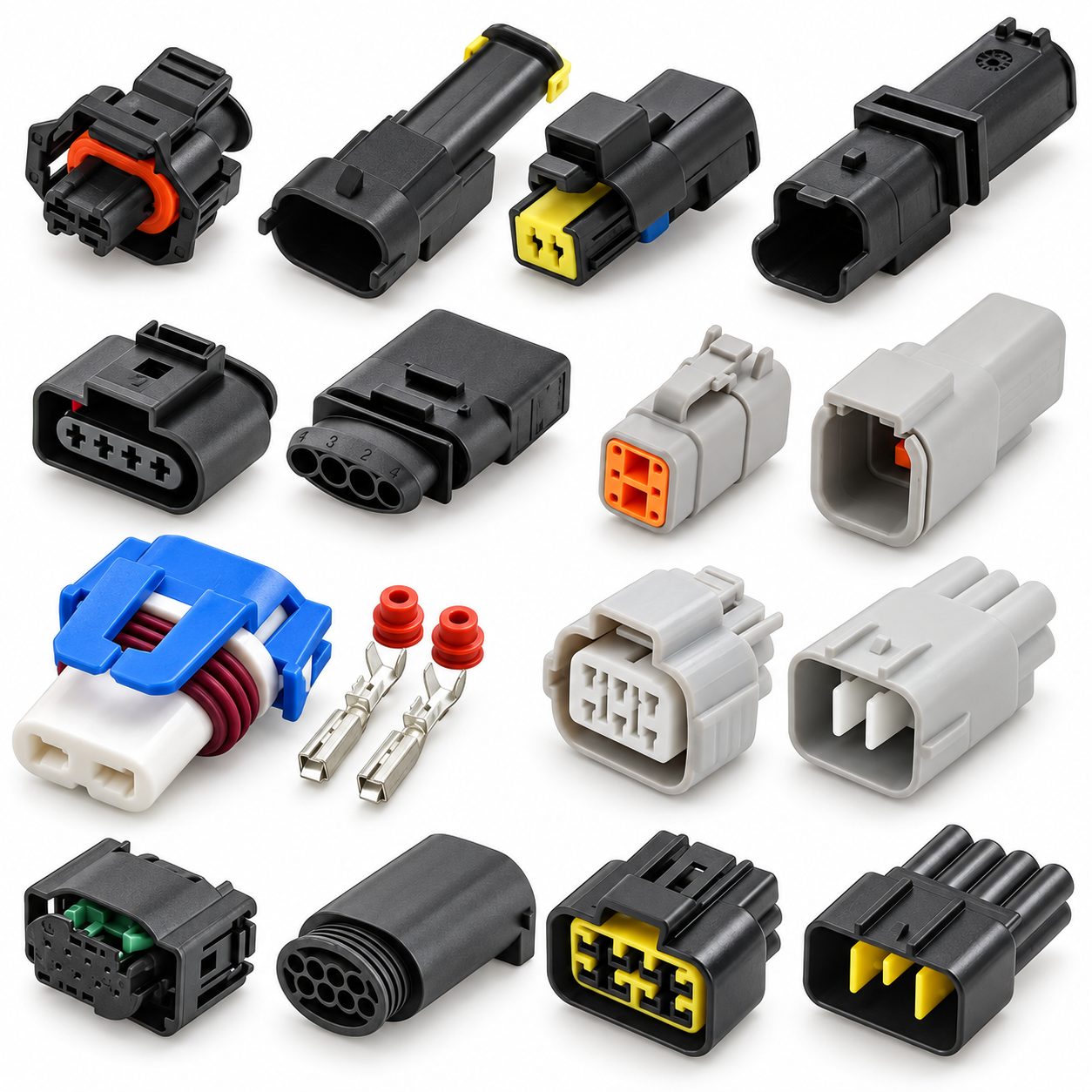 Assortment of black, grey and white automotive connector housings with colored locks, seals and metal contacts