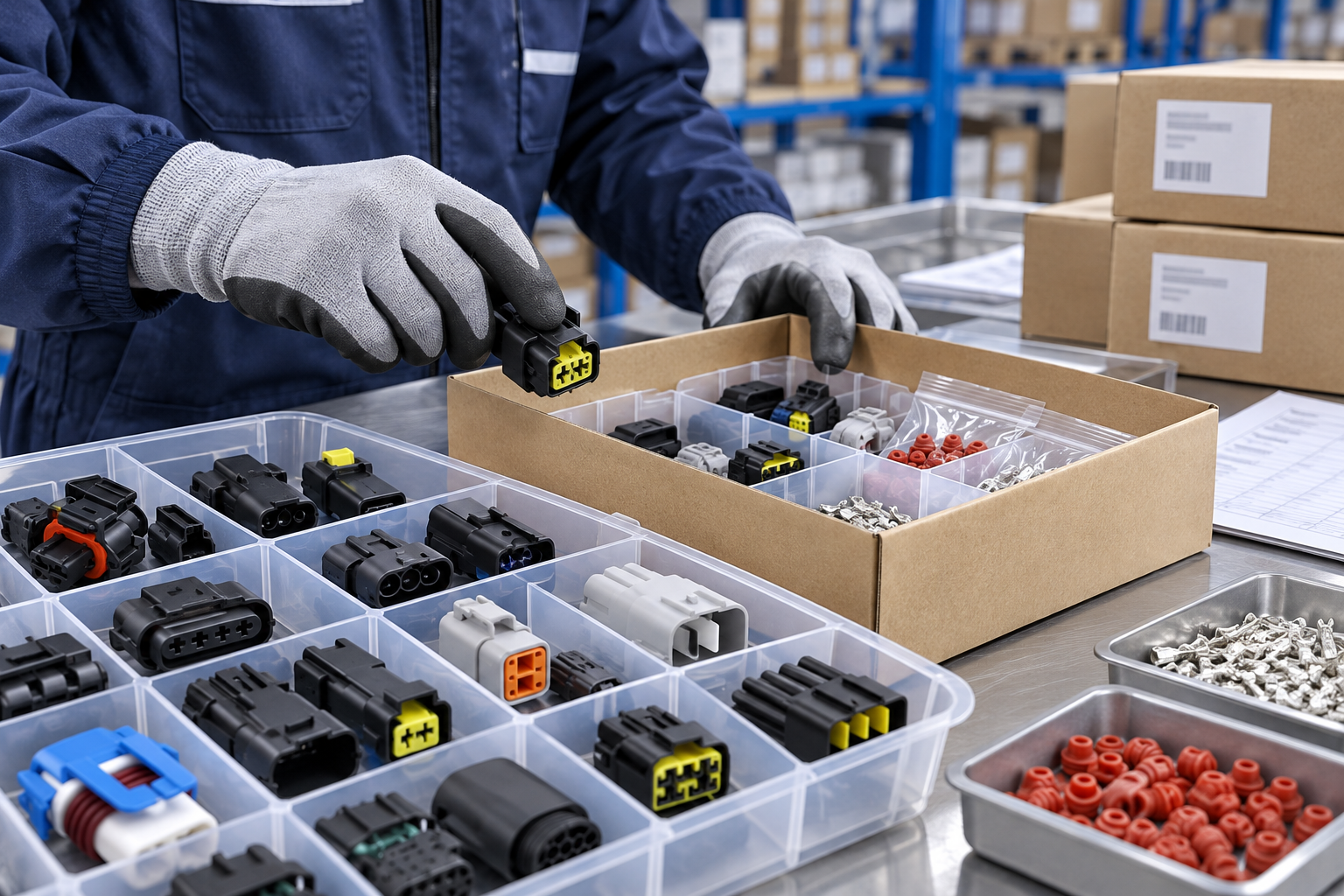 Illustrative automotive connector scene: Protective Packaging & Order Preparation