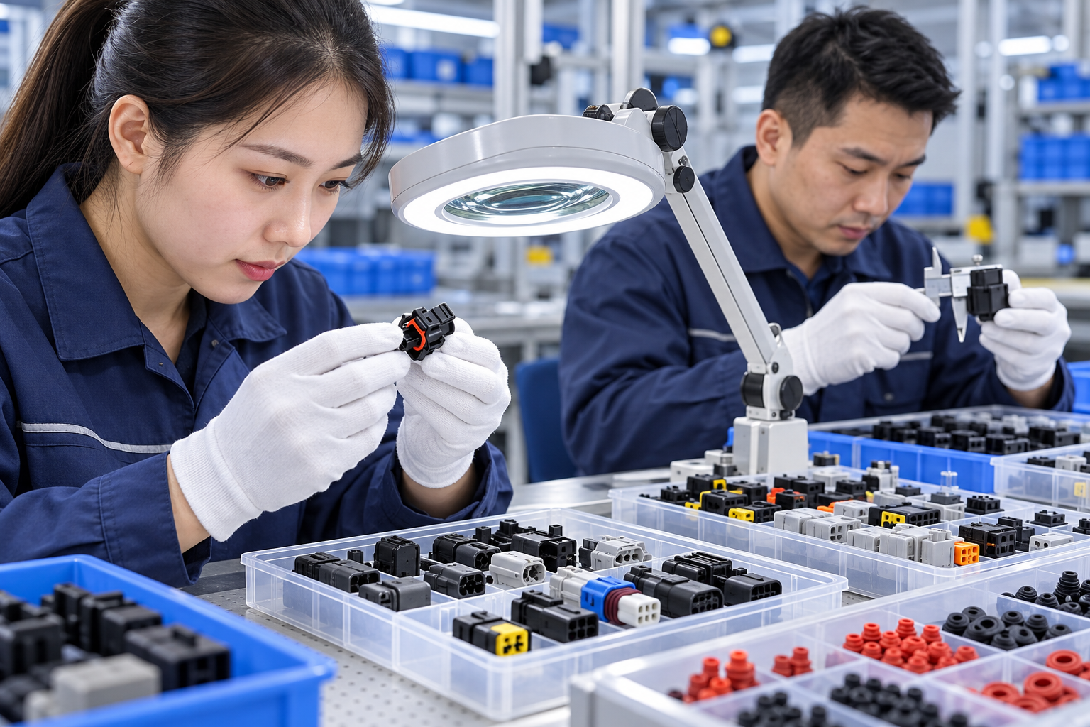 Illustrative automotive connector scene: Connector Assembly & Inspection