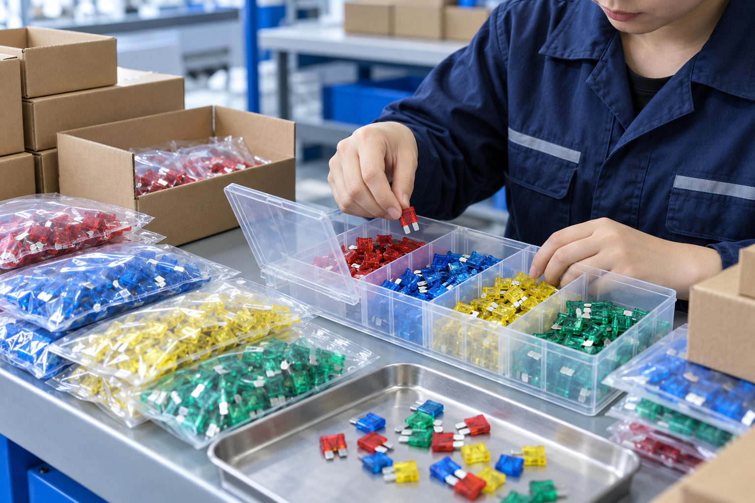 Illustrative automotive blade fuse scene: Packaging for Wholesale & Assembly
