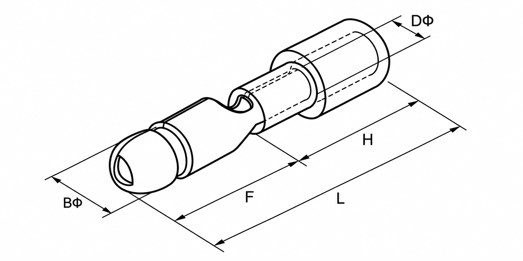 MPD male bullet terminal dimension drawing showing BΦ, DΦ, F, H and L