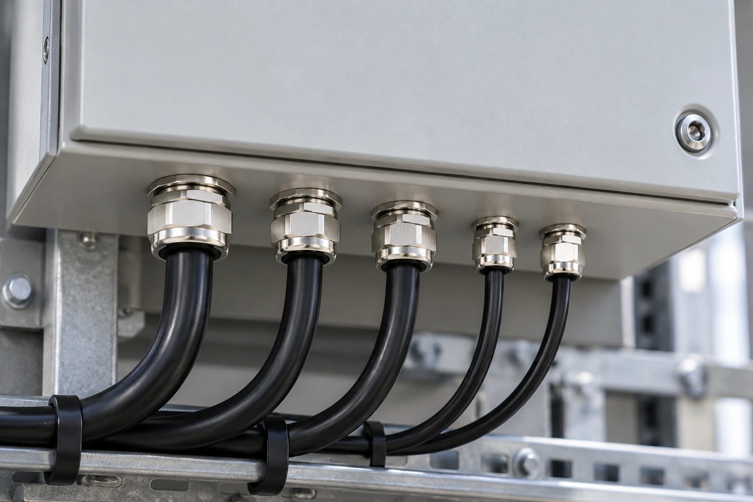 Illustrative metal cable glands in a control enclosure cable entry