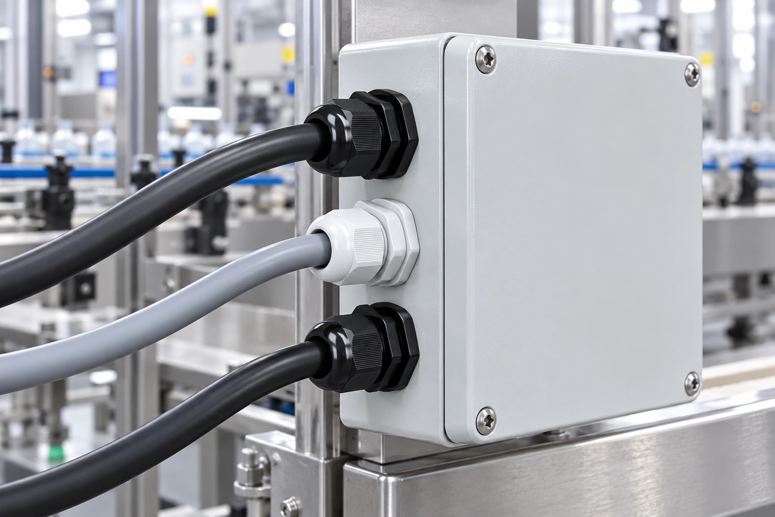 Illustrative plastic cable glands in a machinery junction box
