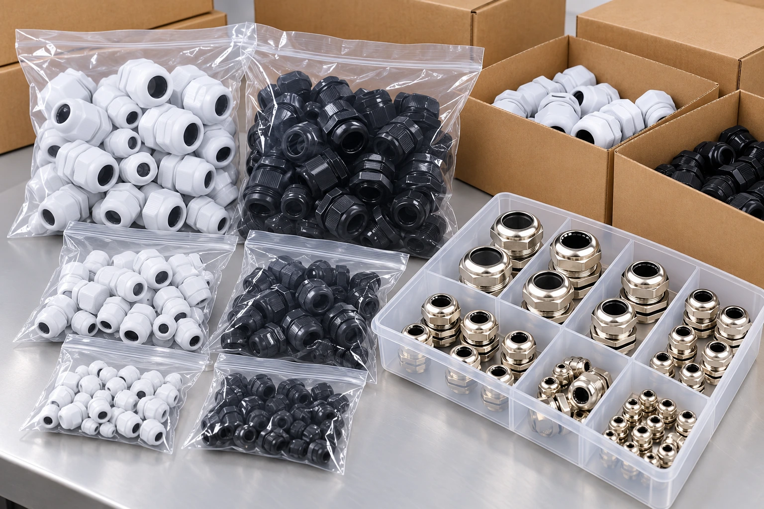 Illustrative sorted bags and protective cartons for cable glands