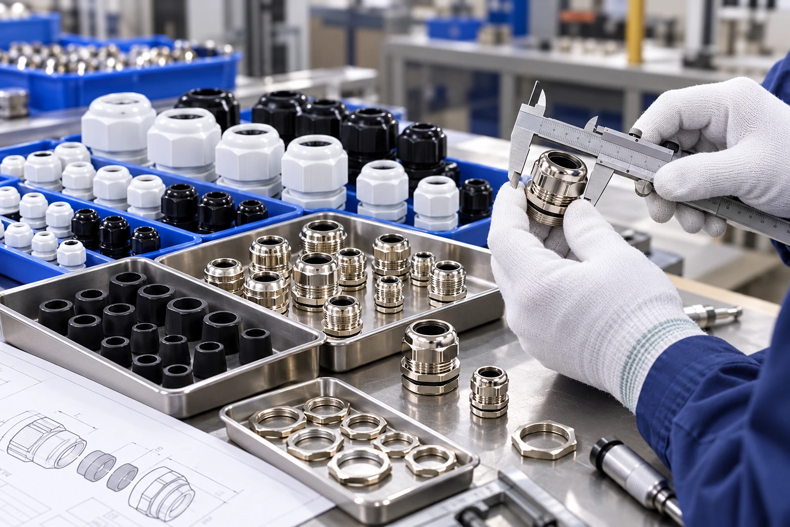 Illustrative cable gland assembly and dimensional inspection workstation