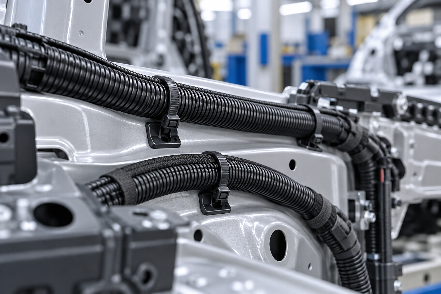 Illustration of black cable ties routing protected automotive wire harnesses