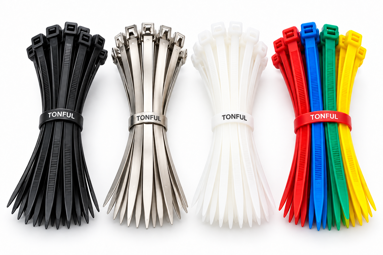 Illustrative TONFUL collection of black nylon, stainless steel, natural nylon and red blue green yellow cable ties