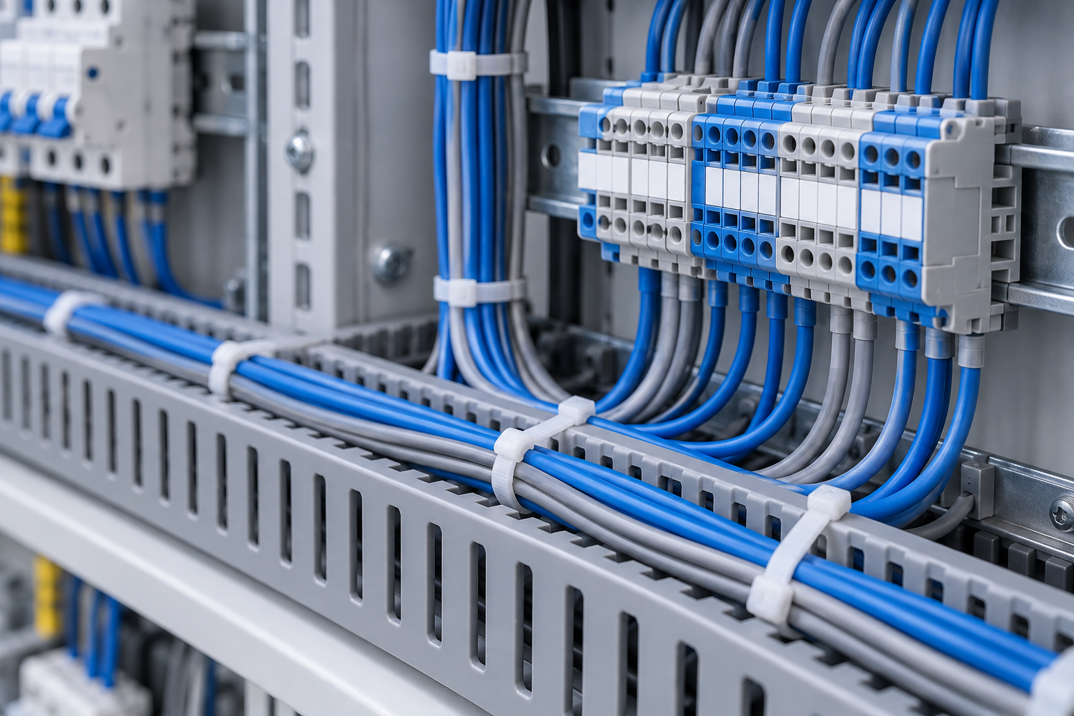 Illustration of white cable ties organizing insulated wires in an industrial control cabinet