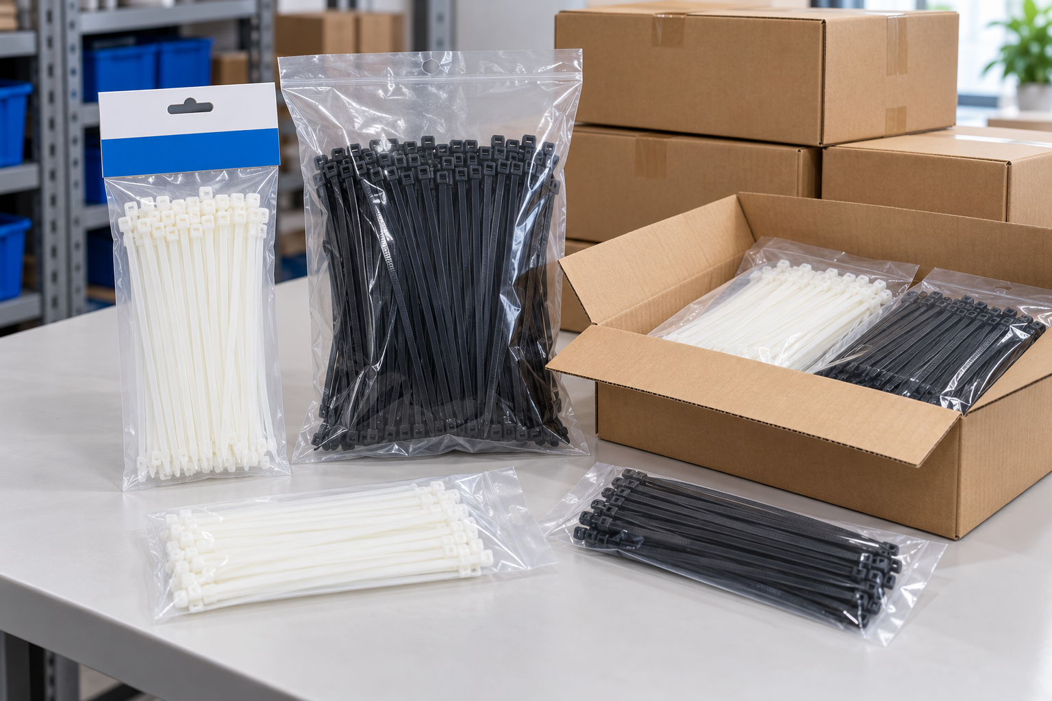 Illustrative cable tie packaging options with clear bags, a header-card pack and shipping cartons