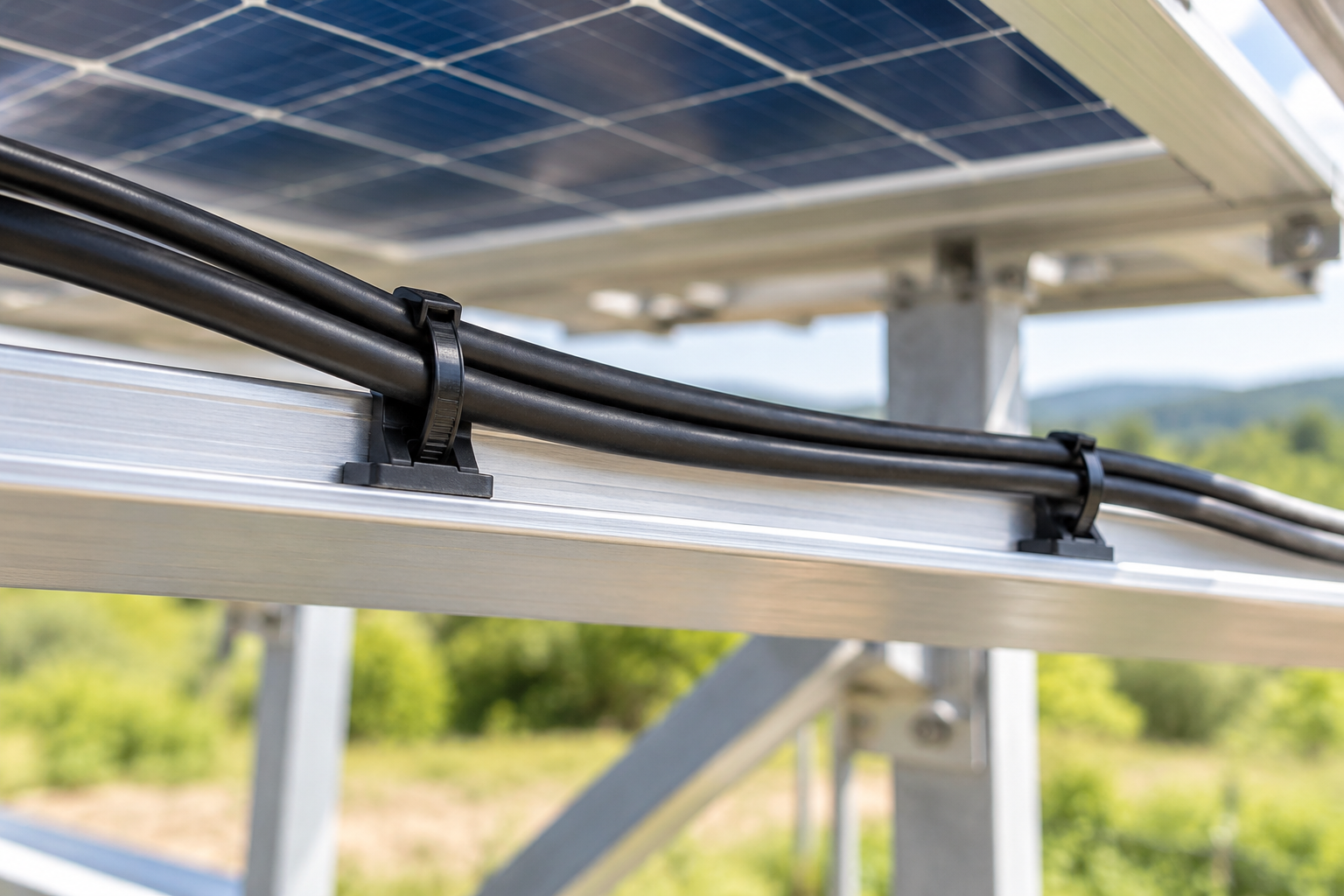 Illustration of black cable ties and mounting bases routing cables beneath a solar panel