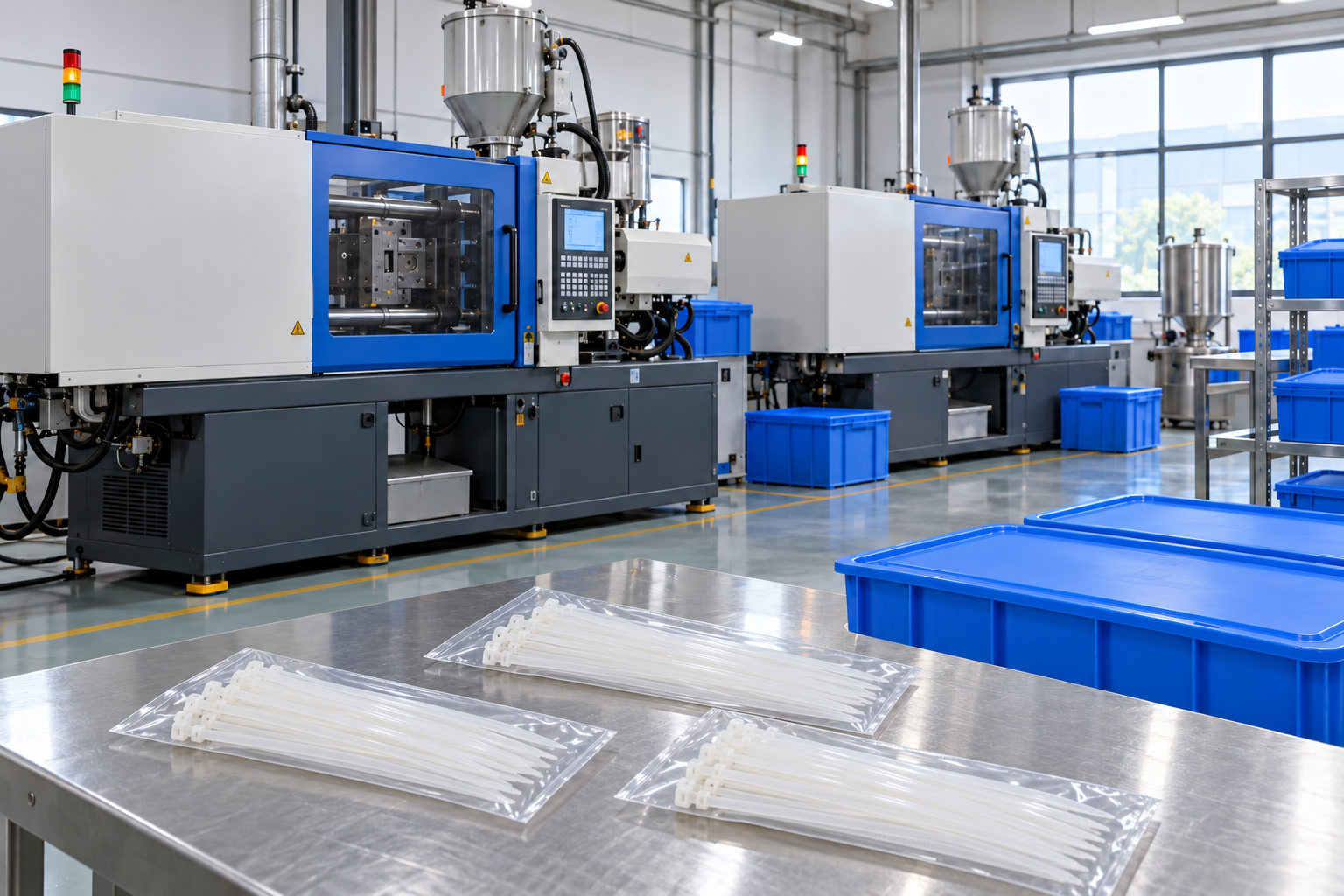 Illustrative nylon cable tie workshop with guarded moulding equipment and organized product bins
