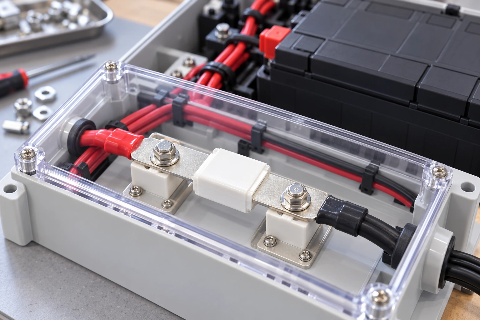 Illustrative ceramic bolt-down fuse in a battery distribution box
