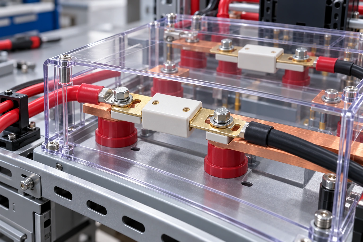Illustrative ceramic fuse application in a guarded power distribution assembly