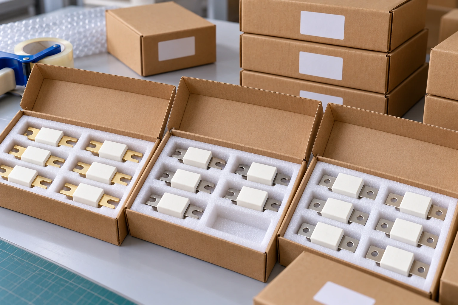 Illustrative protective tray and carton packaging for ceramic fuses