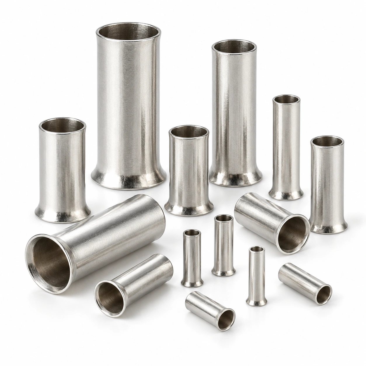 EN series bare tubular ferrules with flared entry mouths